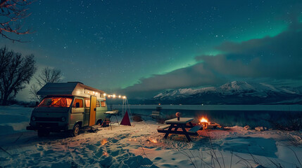 Vintage camper van park at lake waterfront with mountain forest aurora at night.