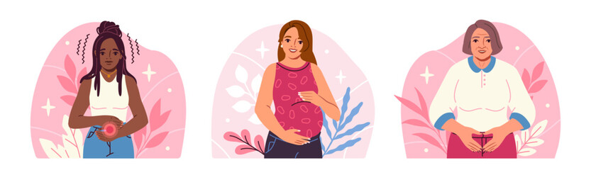 Womens health care concept. Happy girls with heart shaped hands on their belly. Pregnancy and caring for female reproductive system. Flat vector illustration isolated on white background