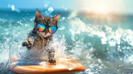 A cat surfing with high tide with water splashes