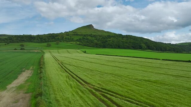 Roseberry Topping from a drone, hill in North York Moors, Yorkshire, England