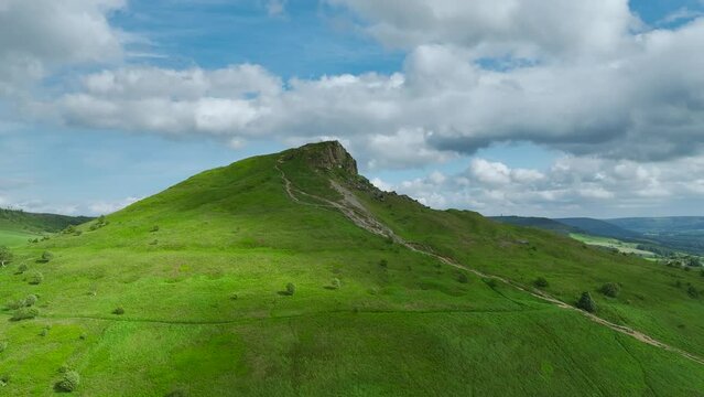 Roseberry Topping from a drone, hill in North York Moors, Yorkshire, England
