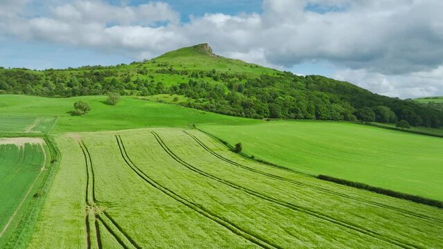 Roseberry Topping from a drone, hill in North York Moors, Yorkshire, England