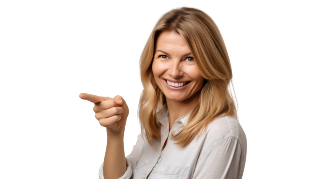 Smiling middle aged woman pointing at something with her finger, isolated on transparent background - Powered by Adobe