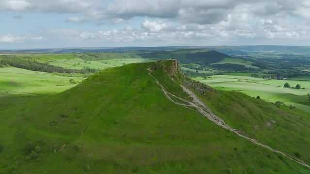 Roseberry Topping from a drone, hill in North York Moors, Yorkshire, England