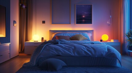 A stylish bedroom with a modern design, featuring soft ambient lighting from bedside lamps and a cozy, neatly made bed.