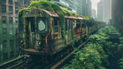 Obraz premium Abandoned subway train with city debris with green plants growing. Post apocalypse scene.