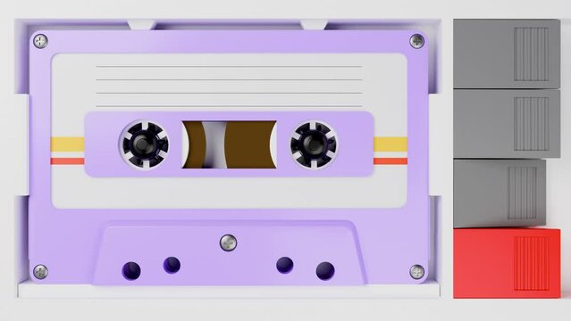 Listen to music by playing a cassette tape on a retro cassette player. 3d rendering young
