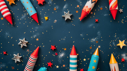Firework rockets arranged on a dark blue background with bright red, white, and blue colors, star patterns, and stripes. The scene captures Independence Day excitement with subtle sparkles