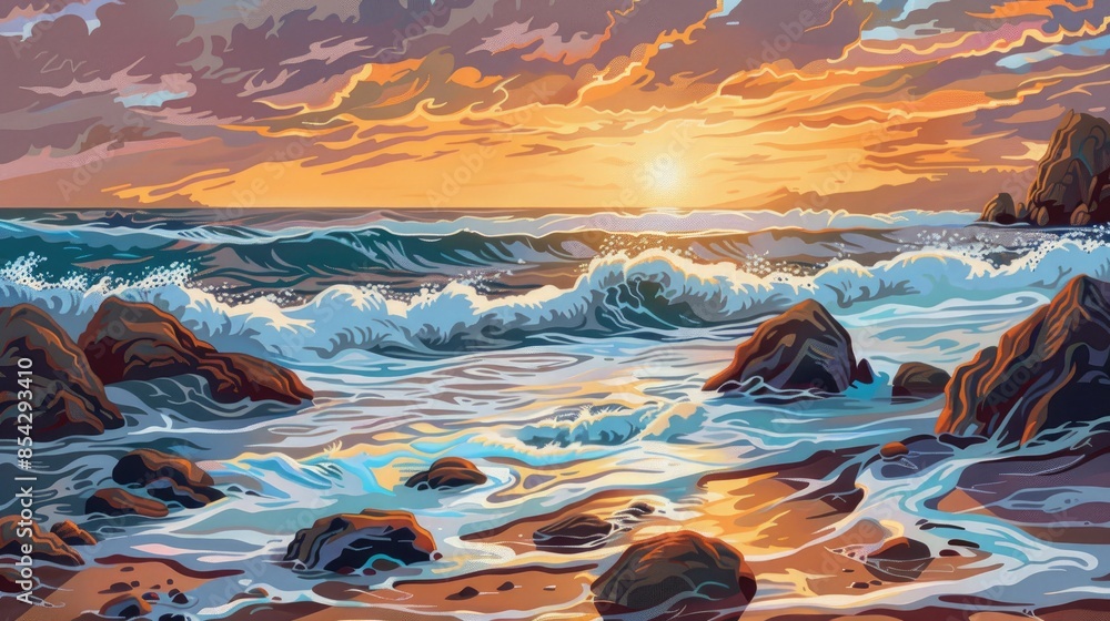 Canvas Prints sea landscape during sunrise and sunset with waves crashing against rocks on the beach