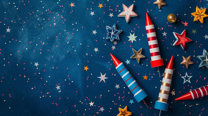 Firework rockets arranged on a dark blue background with bright red, white, and blue colors, star patterns, and stripes. The scene captures Independence Day excitement with subtle sparkles