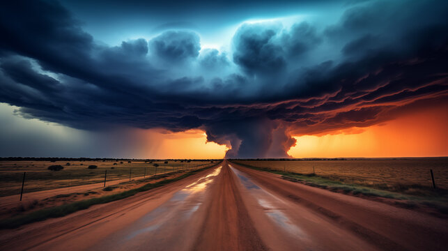 Epic Thunderstorm over Country Road at Sunset