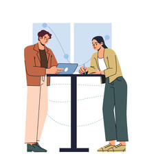 Scene at office. Company employees work on project together. Colleagues communicating at business meeting. Partnership and collaboration. Cartoon flat vector illustration isolated on white background