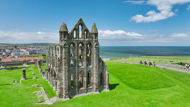 Whitby Abbey from a drone, Whitby, North Yorkshire, England