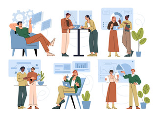 Set of scenes at office. People company employees engage in business activities, analyze finances and discuss growth strategies at meeting. Cartoon flat vector illustrations isolated on background