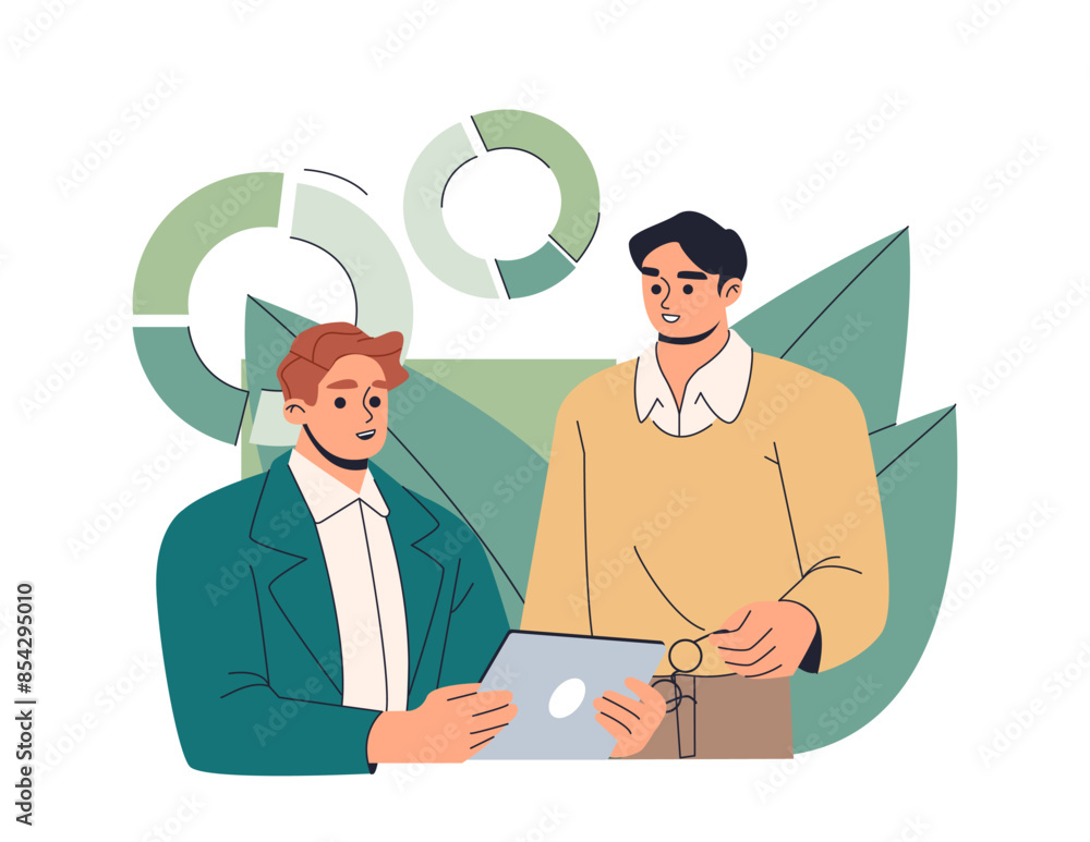 Poster business activity. office employees or colleagues discussing project, analyzing graphs and charts, c