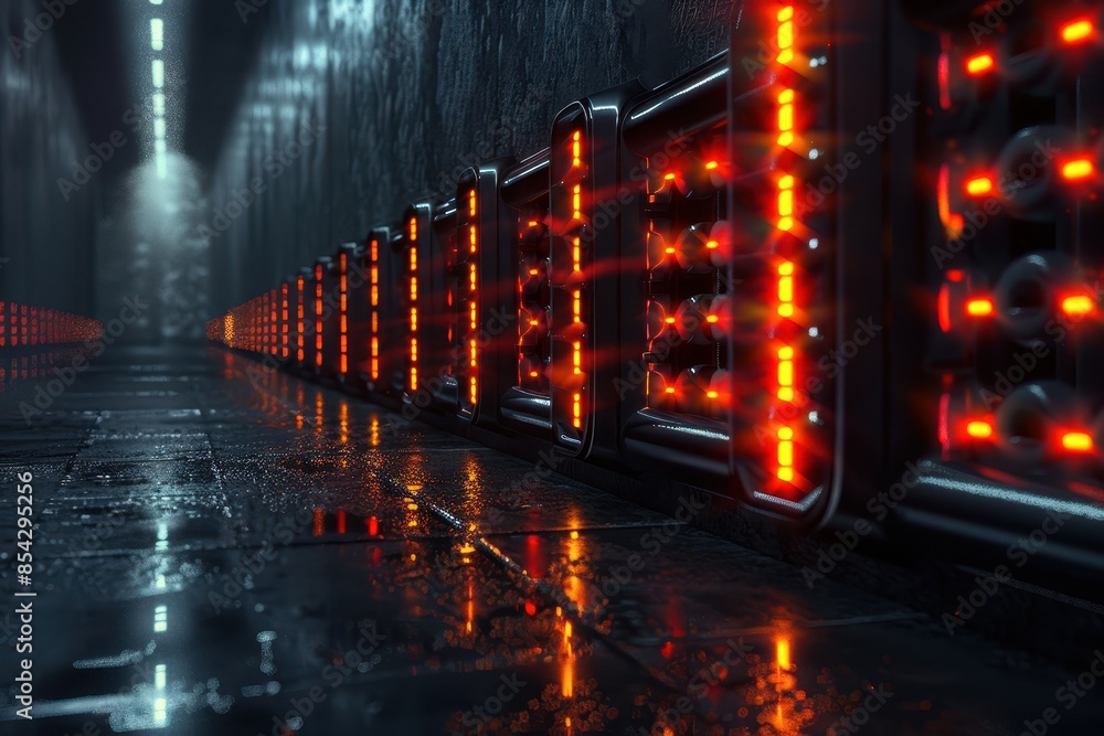 Poster modern data center with red illuminated servers. the dark, moody ambiance reflects advanced technolo