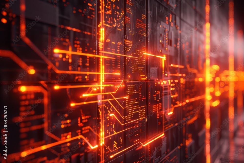 Poster futuristic digital circuit board background with glowing orange lines and technology connections in 