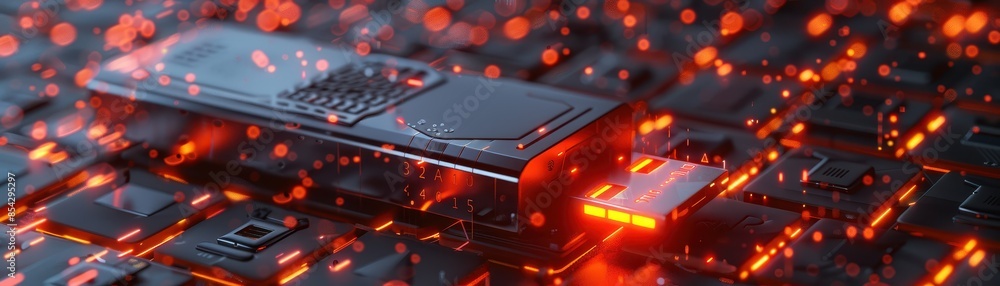Poster close-up of a microchip and circuit board with glowing red lights, symbolizing advanced technology a