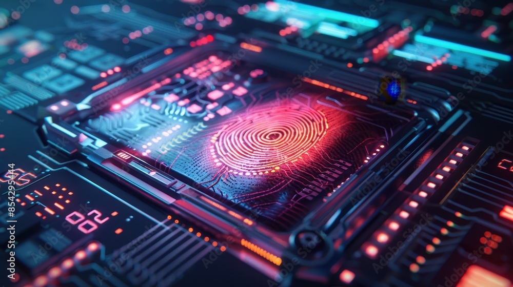Poster futuristic fingerprint scanner technology on a glowing circuit board, representing advanced biometri