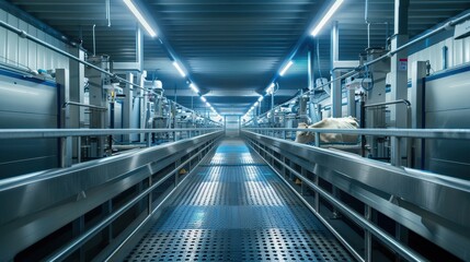 Modern industrial facility interior with stainless steel machinery and equipment, showcasing advanced manufacturing technology and precision engineering.