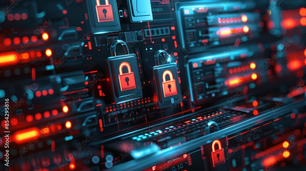 Poster close-up of server racks with red and blue cyber security locks, signifying data protection and secu