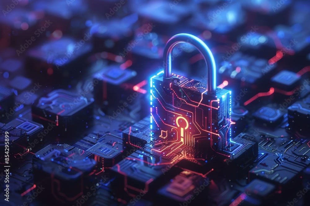 Poster a glowing neon lock symbol on a circuit board, representing digital security and data protection in 