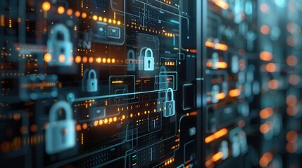 Obraz premium Close-up of a digital interface with cybersecurity icons, representing data protection and secure networks in technology.