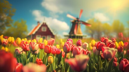 Obraz premium Beautiful colorful tulip field and traditional windmill in country side.