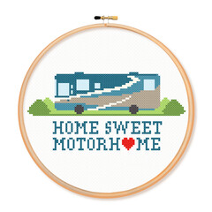 Cross stitch embroidery, custom travel recreational vehicle motor home on the road in landscape with Home Sweet Motor Home text, wood embroidery hoop, isolated on white 