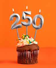 Number 250 candle - Birthday cupcake on orange background