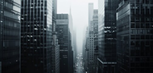 Black and gray cityscape at dusk, tall skyscrapers, moody lighting urban environment 