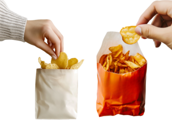 a hand holding a potato chip isolated on white background