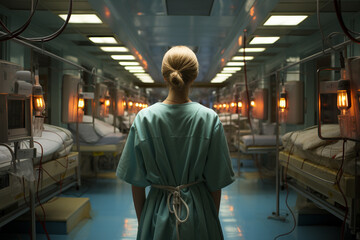 Fototapeta premium Blonde nurse, hair tied up, on her back, in a hospital room, full of stretchers, generative AI