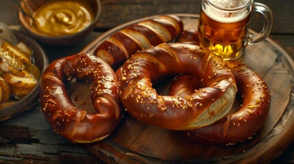 Traditional Oktoberfest set. Pretzels, beer, weisswurst and eisbein with mustard. German festival food concept. Trendy hard light, dark shadow, wooden background, top view