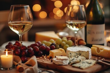 A table with a variety of cheeses and grapes, and two wine glasses