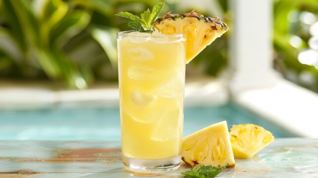 A tart and tangy lemonade infused with pineapple and guava juice perfect for a hot day by the pool.
