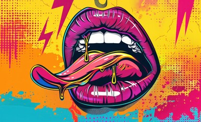 Beauty and power pop art illustration of a woman's mouth with a lightning bolt on grunge background