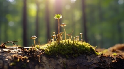 A cluster of mushrooms growing on a log in the woods