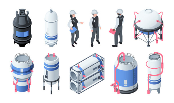 Set of isometric compressed gas storage tanks. Icons with workers and different cylindrical containers for liquefied gas. Lpg gas bottle. 3D vector collection isolated on white background