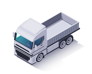 Isometric truck icon. Empty dump truck or tipper with container or trailer for cargo delivery. Freight transport or logistics vehicle. Cartoon 3D vector illustration isolated on white background