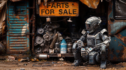 Robot Sitting in Front of Junkyard Parts for Sale Sign.