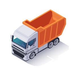 Isometric truck icon. Freight transport with container or tipper for logistics in construction industry. Vehicle for cargo delivery. 3D vector illustration isolated on white background