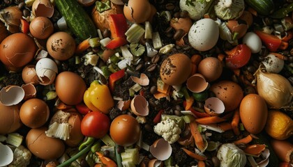 Close-up of a compost bin with detailed vegetable scraps, coffee grounds, and eggshells, showing rich textures