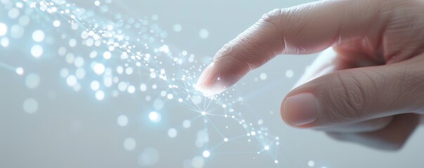 Close-up of a hand interacting with a holographic distributed ledger interface