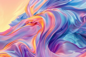 Fototapeta premium Vibrant, flowing abstract waves of pink, purple, and blue hues, resembling silk fabric, illuminated with soft, warm light creating a dynamic and fluid visual experience.