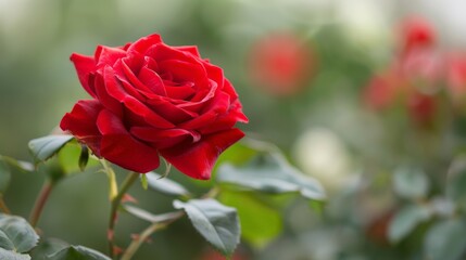 Close-up of a vibrant red rose in full bloom, with detailed petals and a soft blurred background