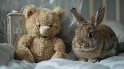 Fototapeta premium A teddy bear quarantined from a rabbit under glass during Covid 19