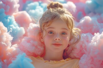 Fototapeta premium Little girl lying among fluffy pink and blue clouds, giving a dreamy, imaginative look