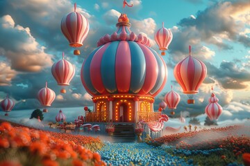 Fototapeta premium An enchanting digital artwork of a carousel covered in red and gold details floating among hot air balloons