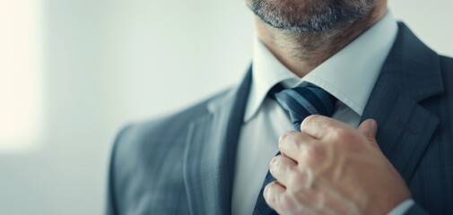 Close-up of entrepreneur wearing suit, adjusting tie, confident expression, professional environment leadership 